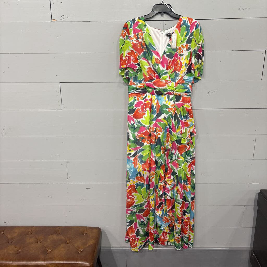 SLNY,FLORAL LONG DRESS W/ RUFFLE*,MULTI,12