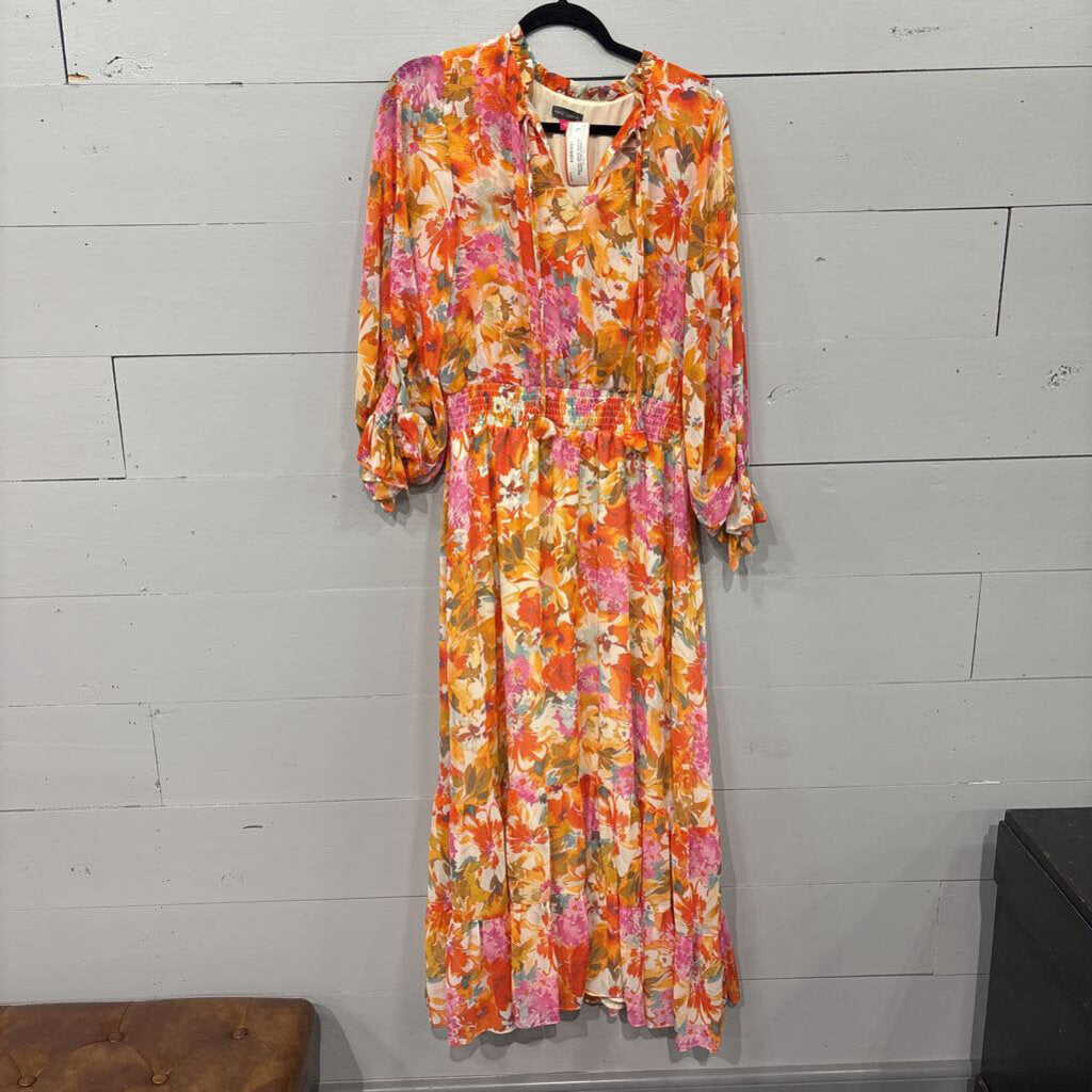 VINCE CAMUTO,*LONG FLORAL DRESS ELASTIC WAIST,ORANGE MULTI,LARGE