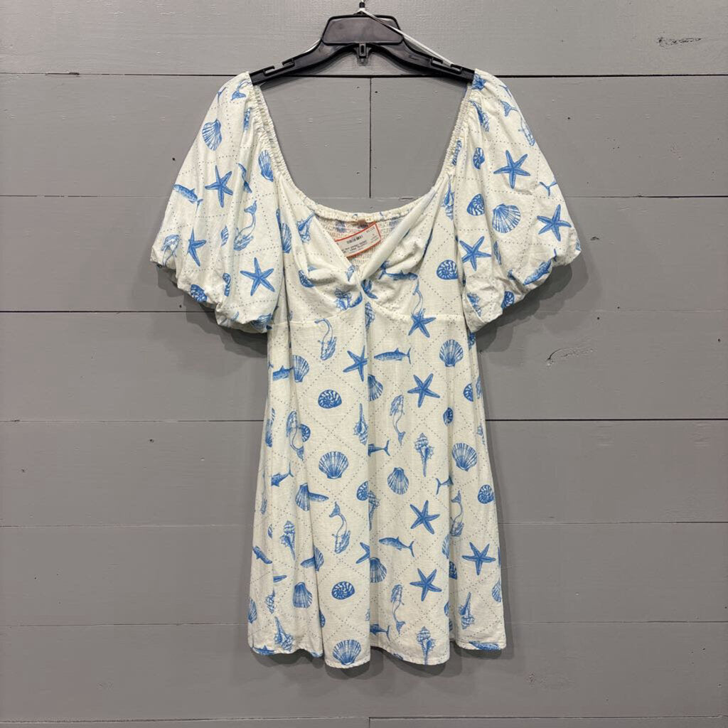 COPPER KEY,COASTAL PRINT V NECK DRESS,CREAM AND WHITE,XL