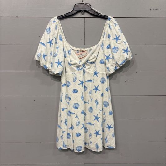 COPPER KEY,COASTAL PRINT V NECK DRESS,CREAM AND WHITE,XL