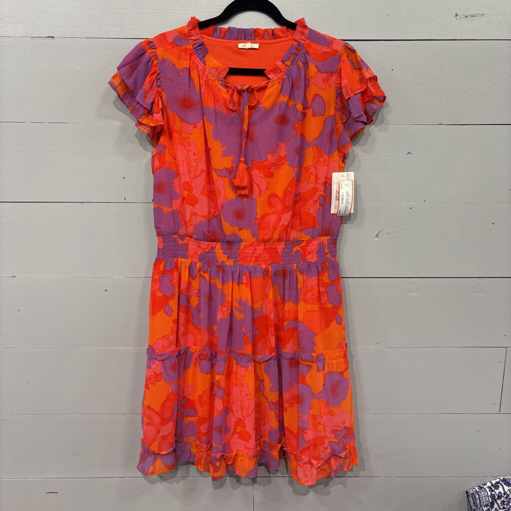 JODIFL,*FLORAL ELASTIC WAIST DRESS,ORANGE AND PURPLE,LARGE