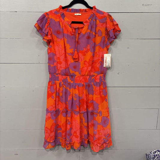 JODIFL,*FLORAL ELASTIC WAIST DRESS,ORANGE AND PURPLE,LARGE