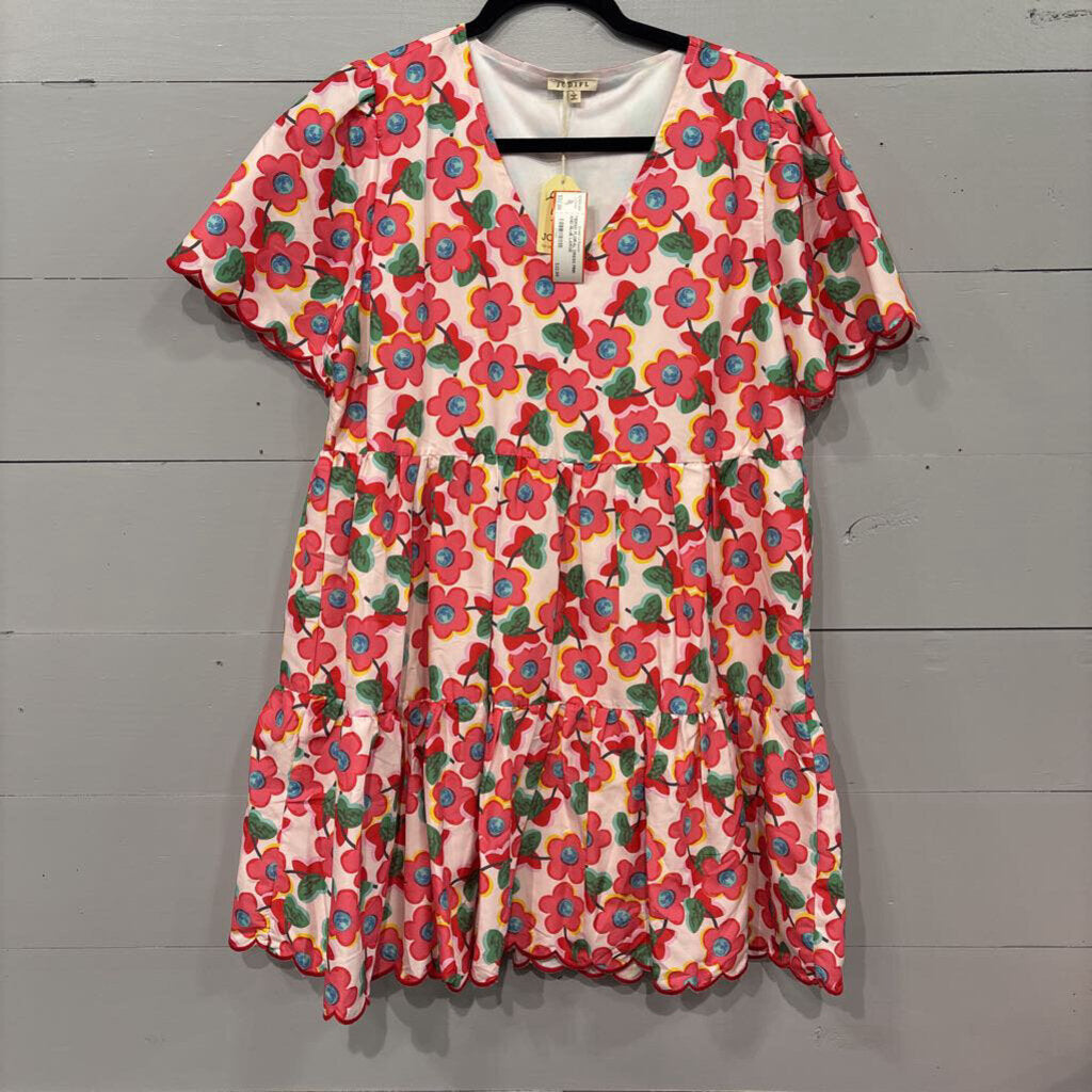 JODIFL,TIERED FLORAL DRESS,PINK AND BLUE,LARGE