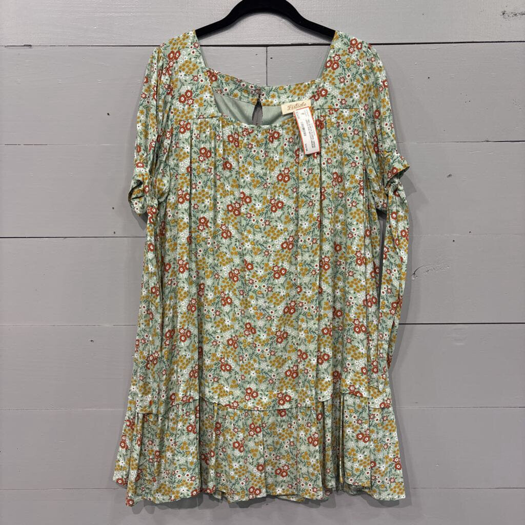 LISTICLE,TIED SLEEVE FLORAL DRESS,GREEN AND BROWN,MEDIUM