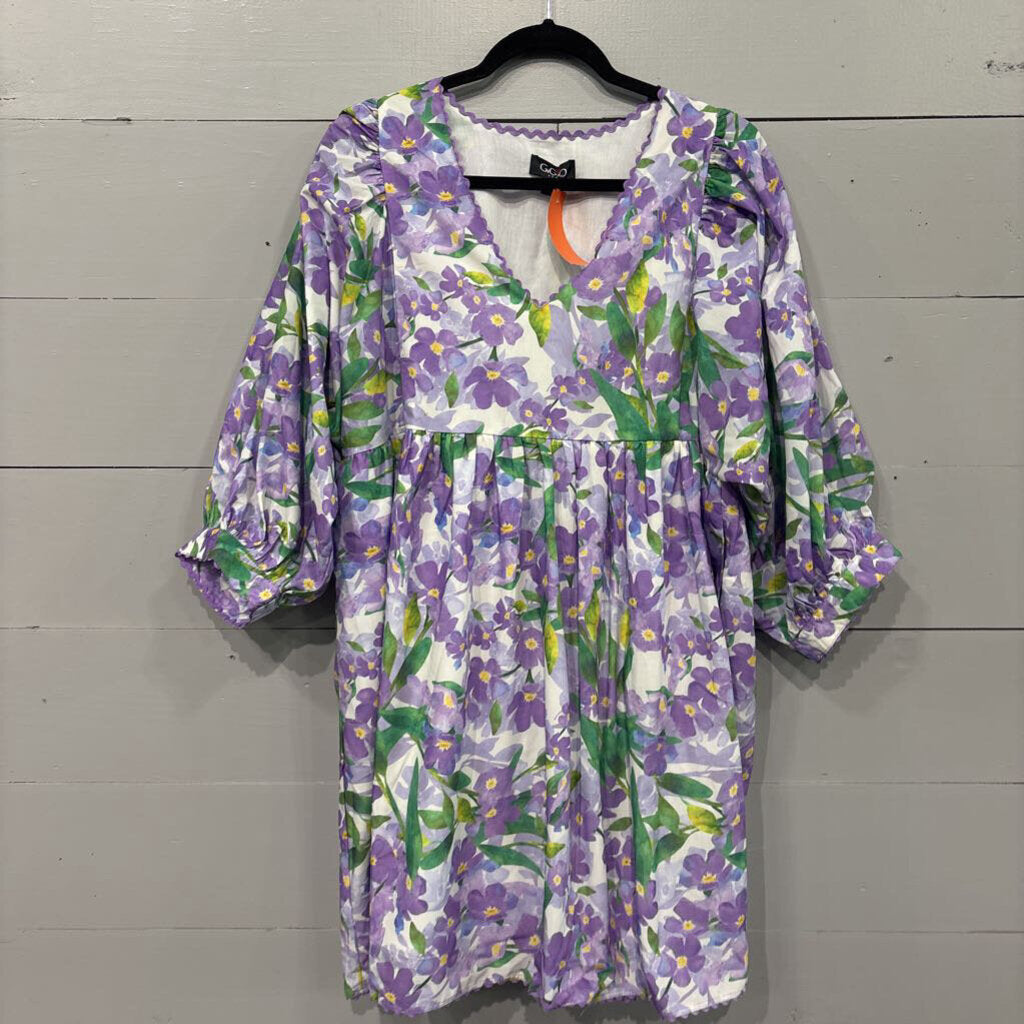 GIGIO,PUFFY SLEEVE FLORAL DRESS,PURPLE SAND GREEN,LARGE