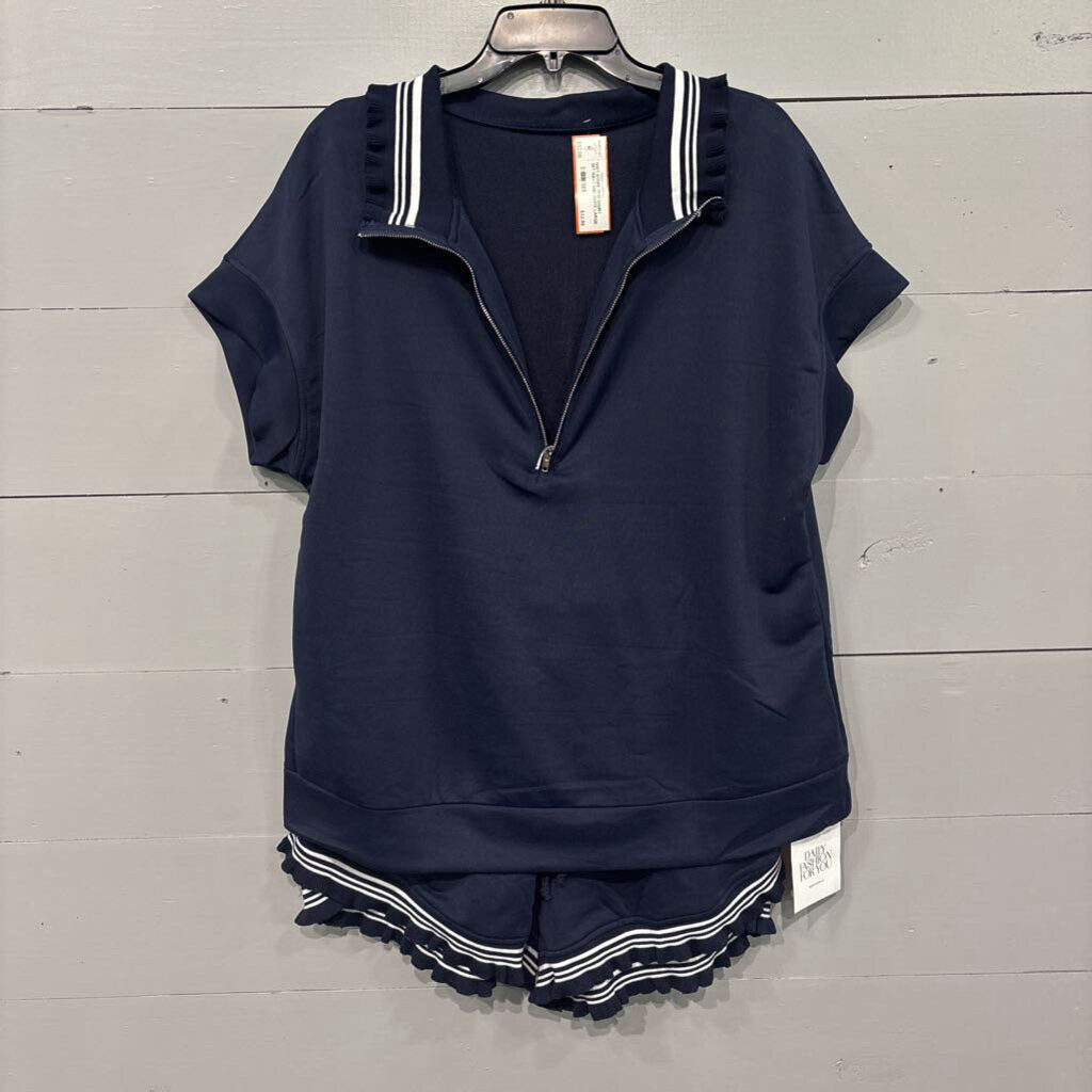 TANKANEO,NWT STRIPE TRIM SHORT SET,NAVY AND WHITE,LARGE