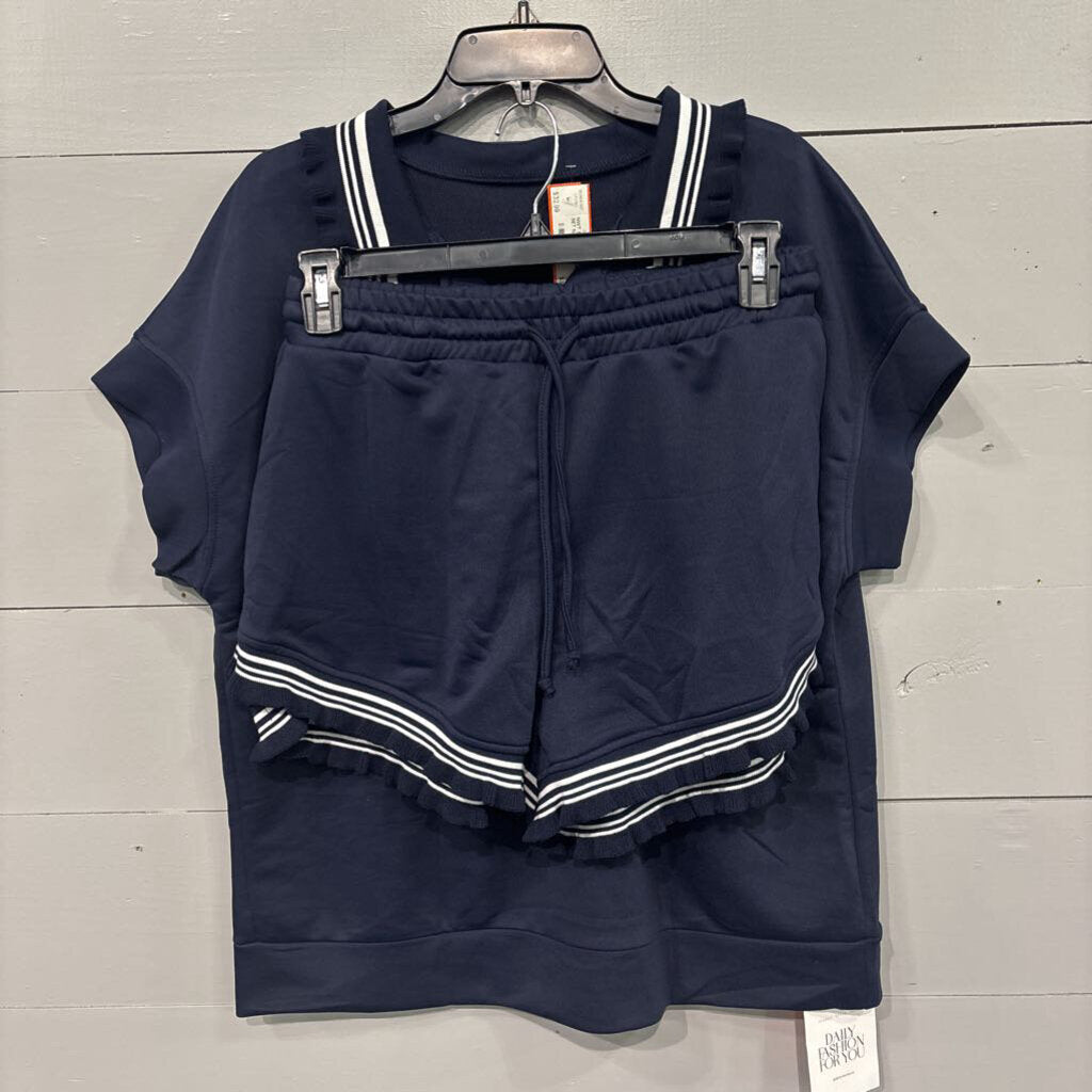 TANKANEO,NWT STRIPE TRIM SHORT SET,NAVY AND WHITE,LARGE