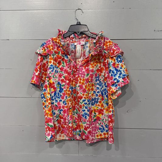 BUDDY LOVE,FLORAL RUFFLE TOP,PINK AND RED,LARGE