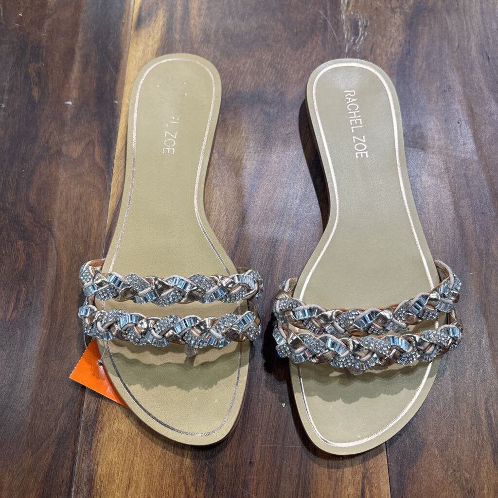 RACHEL ZOE,NEW JEWELED SANDAL ,SILVER ROSE GOLD TAN ,8.5