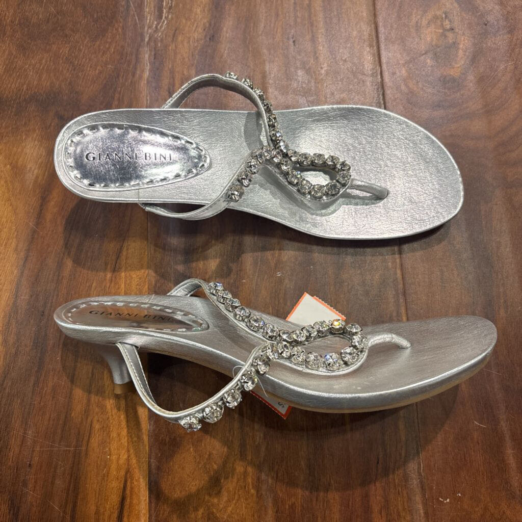 GIANNI BINI,KITTEN HEEL JEWELED SANDAL ,SILVER,8