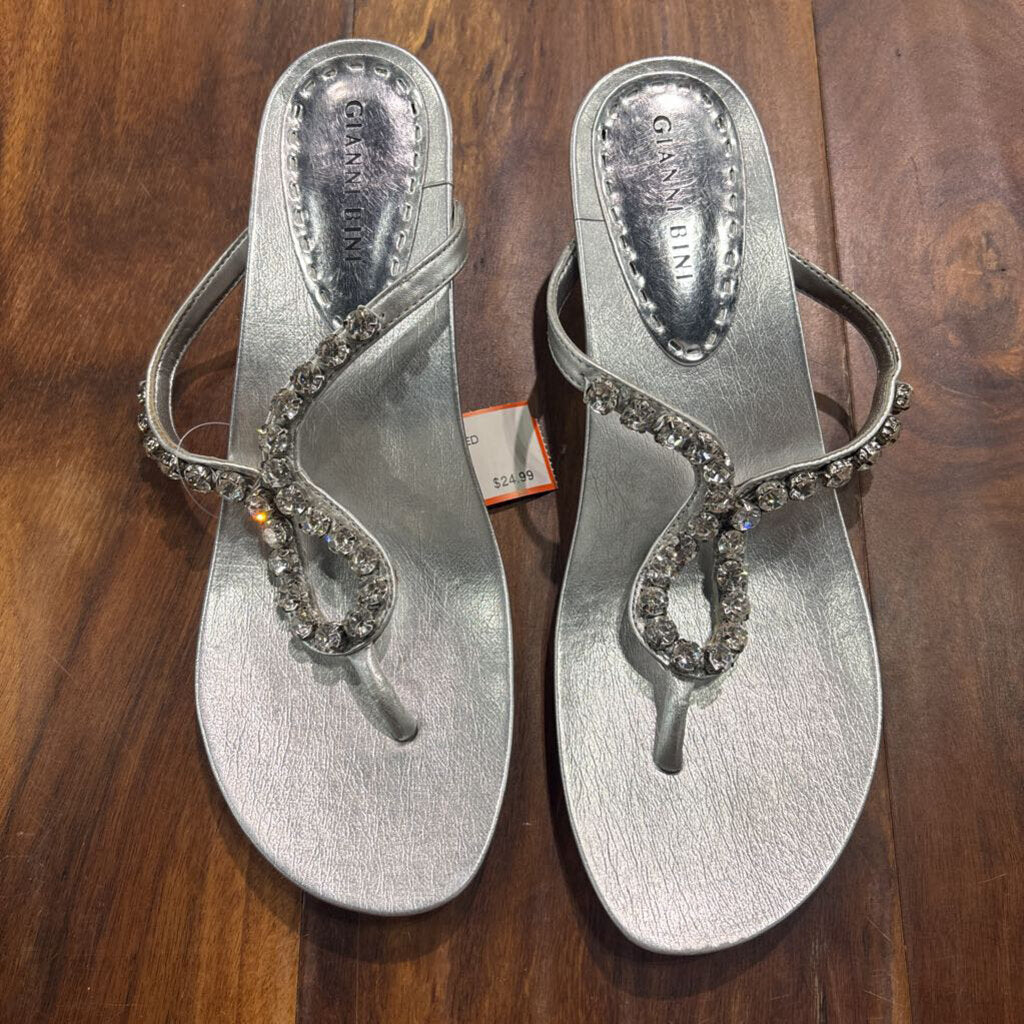 GIANNI BINI,KITTEN HEEL JEWELED SANDAL ,SILVER,8