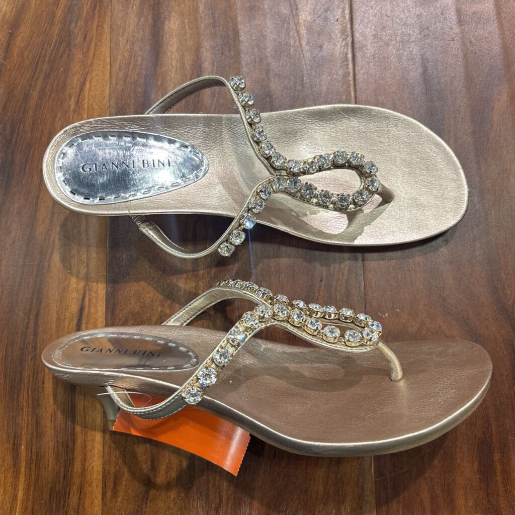 GIANNI BINI,KITTEN HEEL JEWELED SANDAL ,GOLD,8