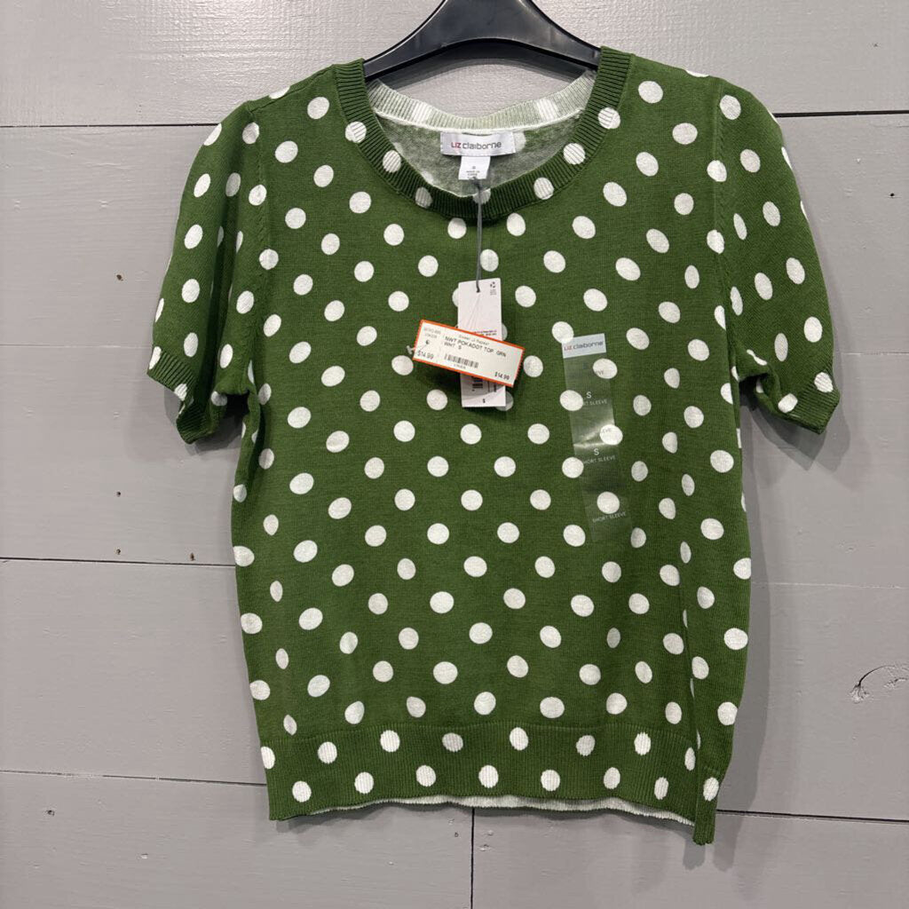 LIZ CLAIBORNE,NWT POKADOT TOP ,GRN WHT ,S