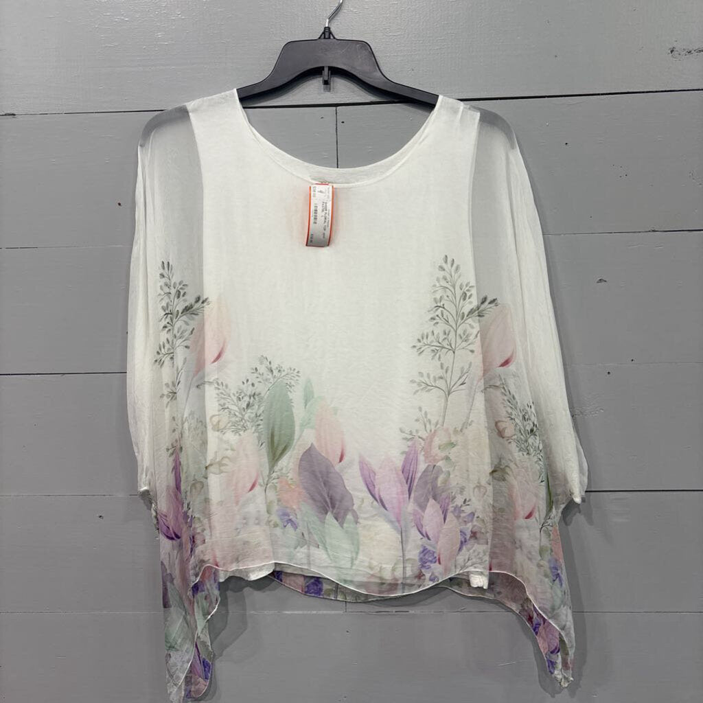 VIOLA BORGHI,SHEER FLORAL TOP ,WHT PASTEL ,L