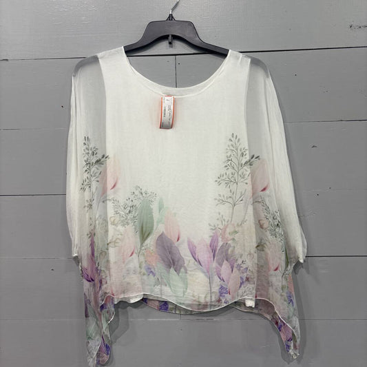 VIOLA BORGHI,SHEER FLORAL TOP ,WHT PASTEL ,L
