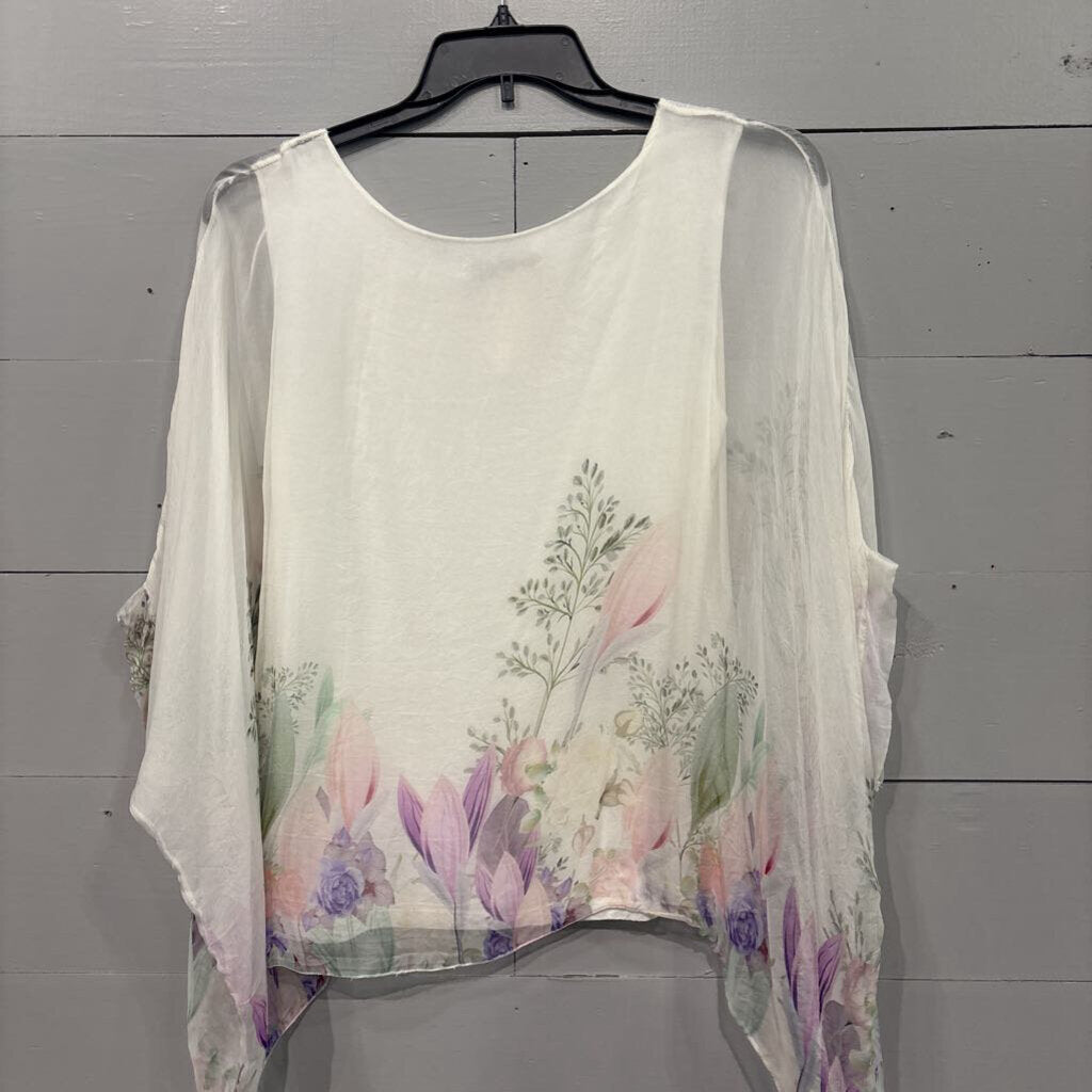 VIOLA BORGHI,SHEER FLORAL TOP ,WHT PASTEL ,L