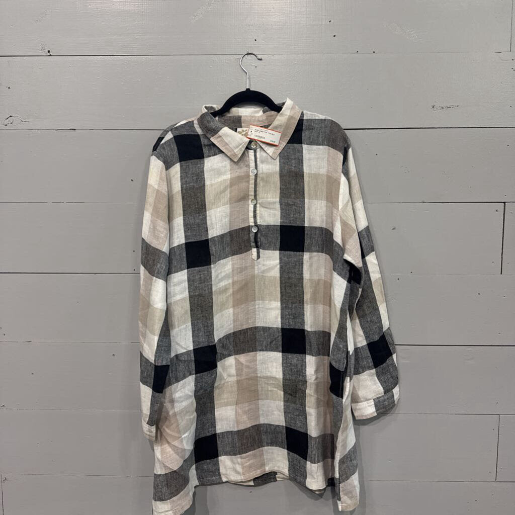 MATCH POINT,PLAID LINEN TOP ,TAN BLK WHT ,XL