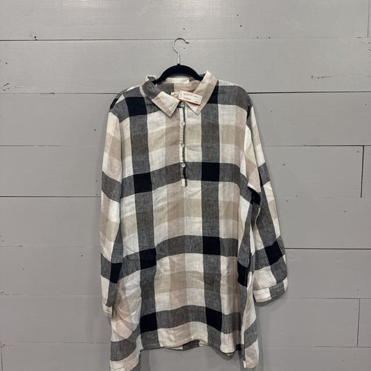 MATCH POINT,PLAID LINEN TOP ,TAN BLK WHT ,XL