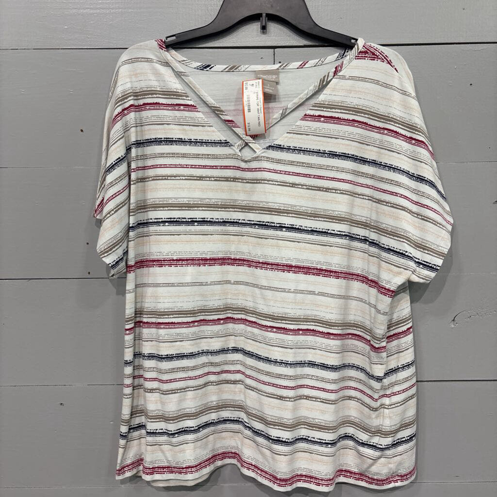 CHICO'S,STRIPE TOP ,WHT TAN RED ,3