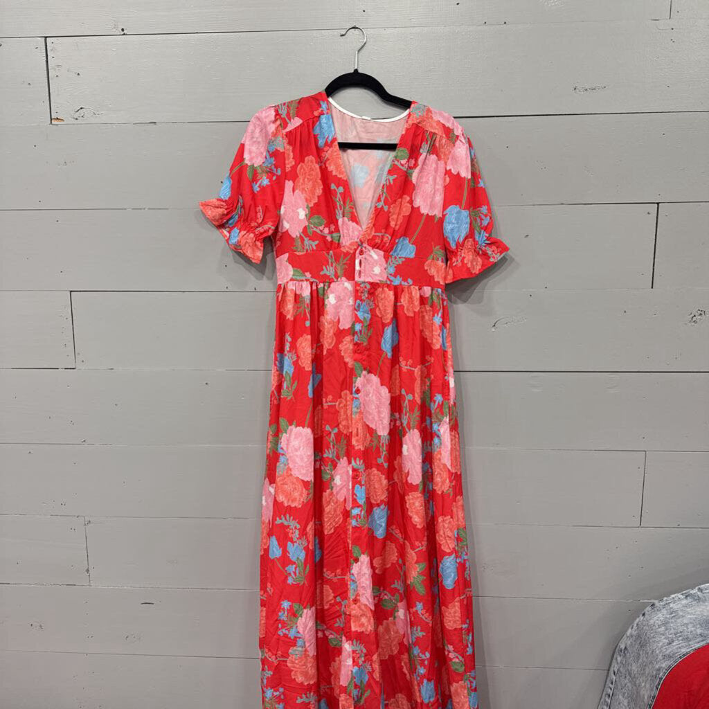 *NWT FLORAL BUTTON UP DRESS,RED ,S
