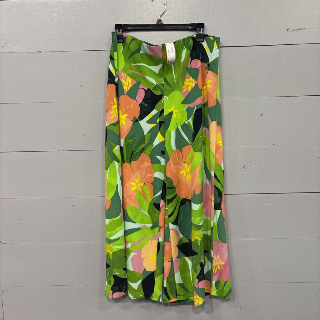 SILK LIKE FLOWY PANT ,GREEN ,L
