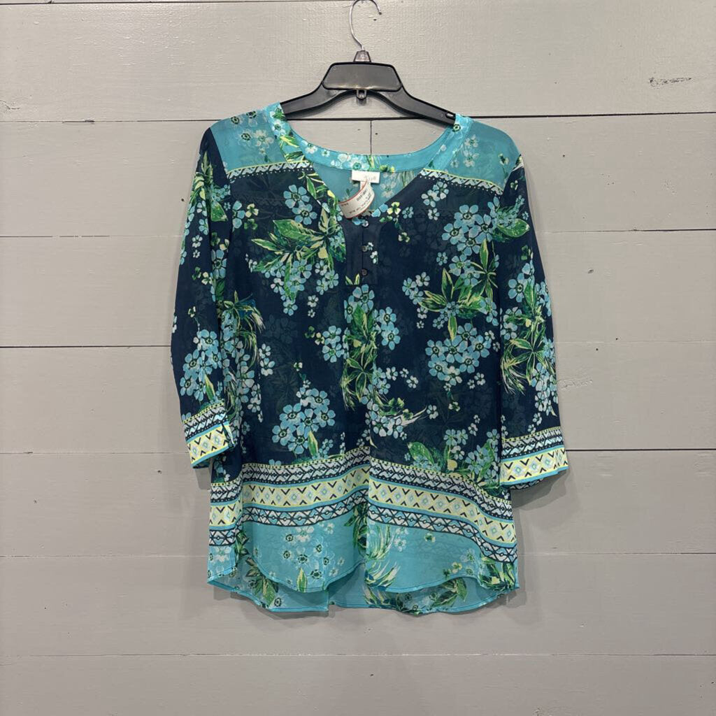 J.JILL,SHEER FLORAL TOP ,BLUE GRN ,XL