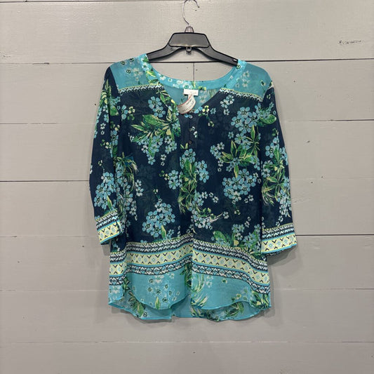 J.JILL,SHEER FLORAL TOP ,BLUE GRN ,XL