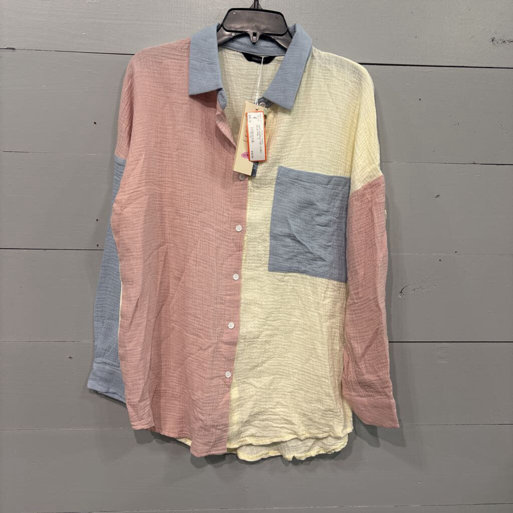 DOKOTOO,NWT WAFFLE TOP ,IVORY BLUE PINK ,S