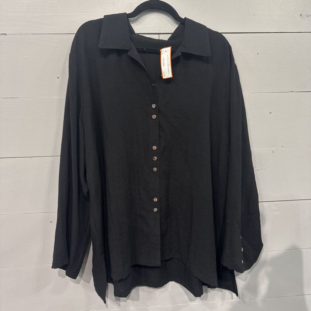 BUTTON UP LINEN TOP,BLK,L