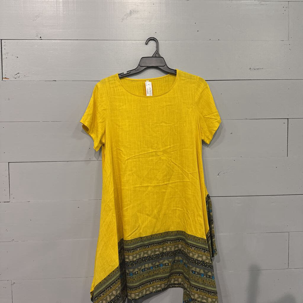 LINEN DRESS WITH PATTERN AT BOTTOM,YELLOW,XL