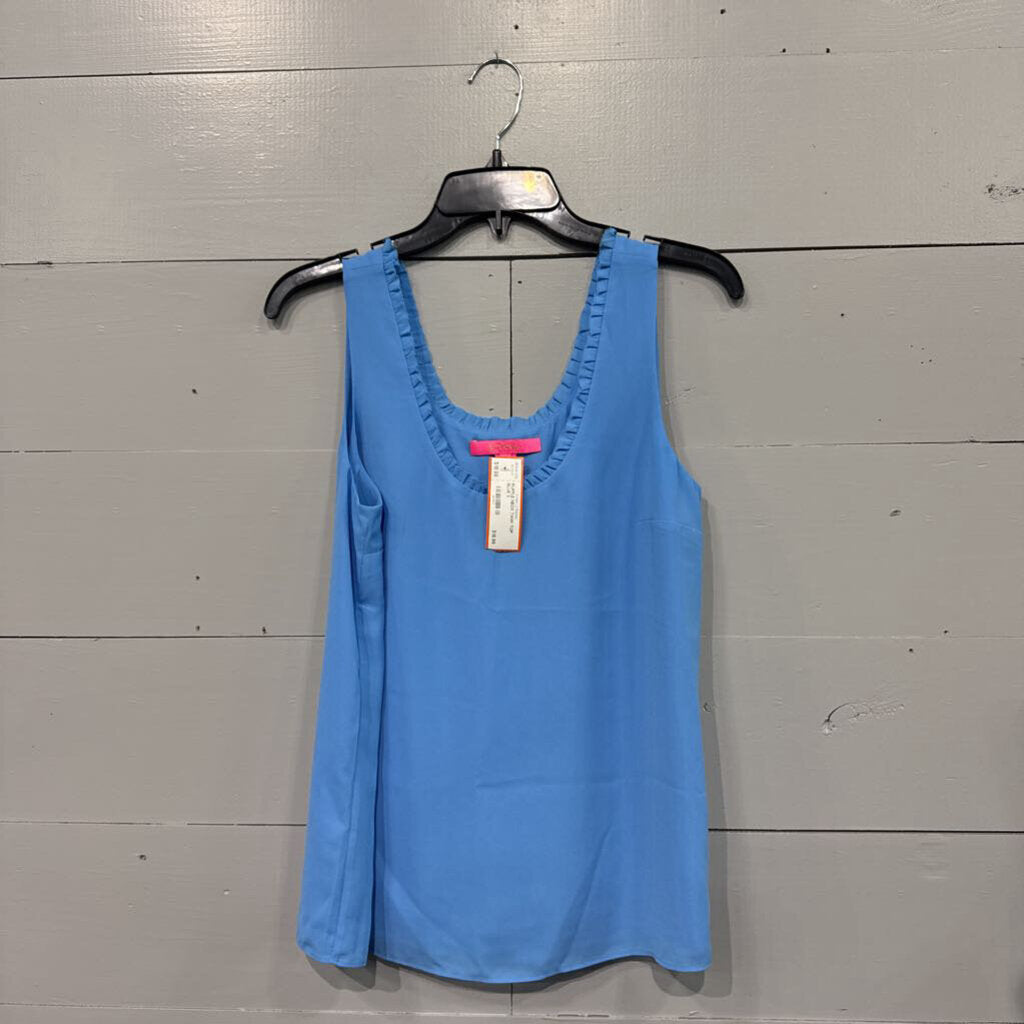 RUFFLE NECK TANK TOP,BLUE,S