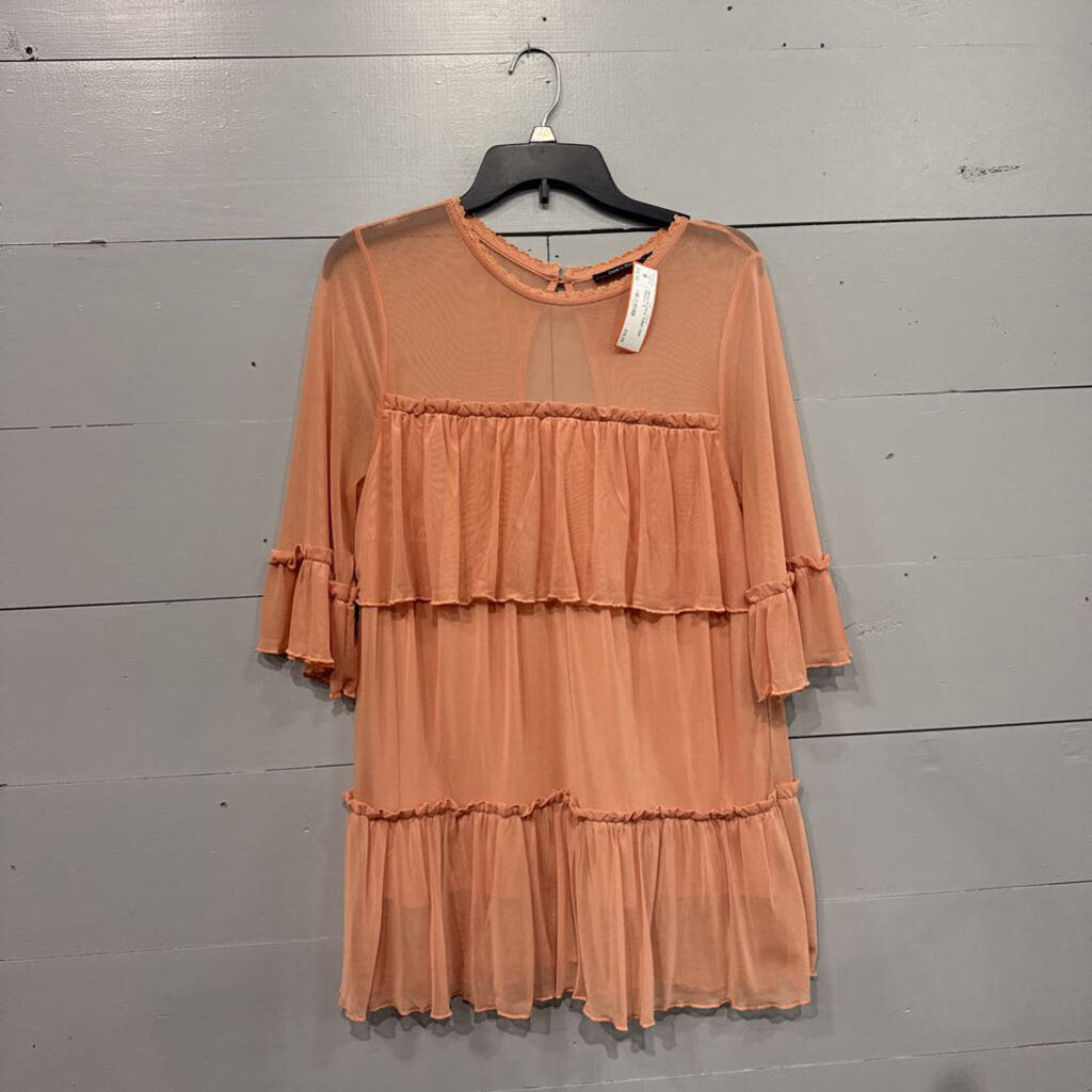 DOE & RAE,MESH RUFFLE TUNIC TOP ,PEACH ,S