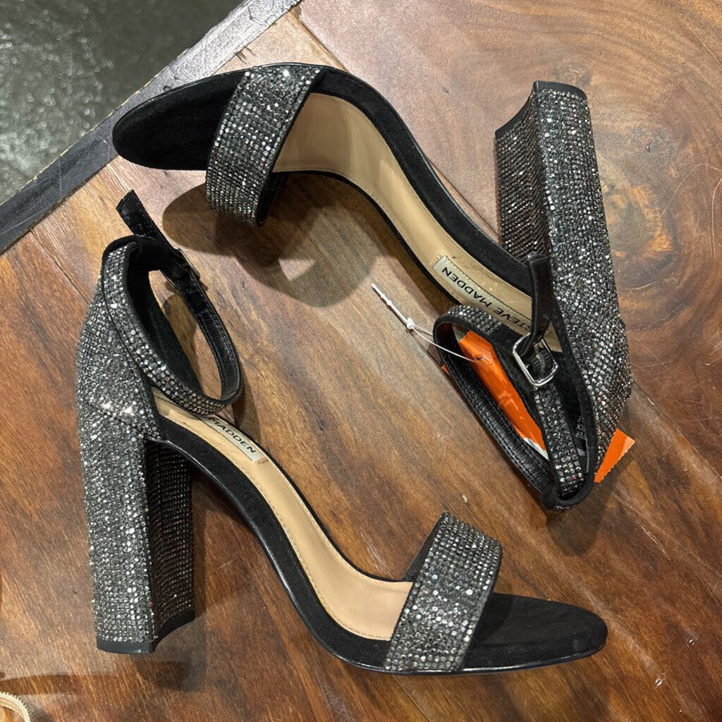 STEVE MADDEN,*BLOCK HEEL SANDAL,BLK GLITTER ,7.5