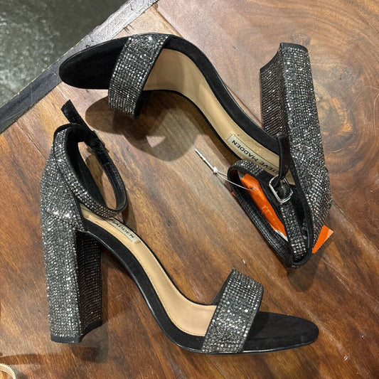 STEVE MADDEN,*BLOCK HEEL SANDAL,BLK GLITTER ,7.5