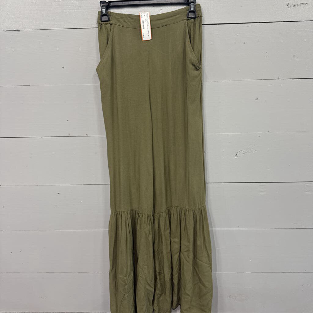 JOPRA,FLOWY PANT W/ RUFFLE,DK GRN ,S