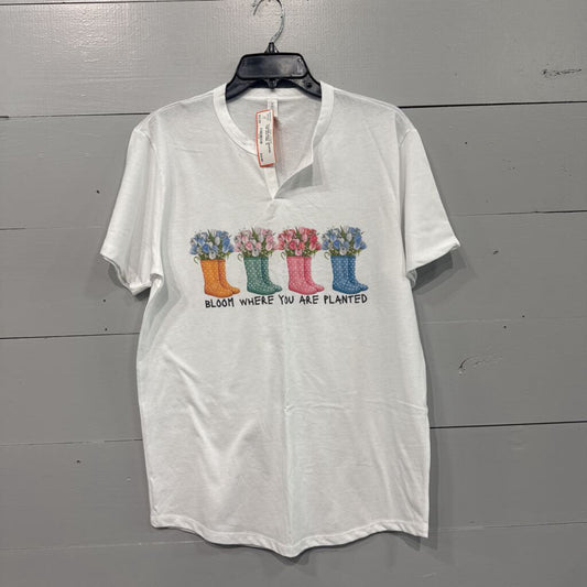 FLOWER BOOT GRAPHIC TOP,WHT PINK ,M