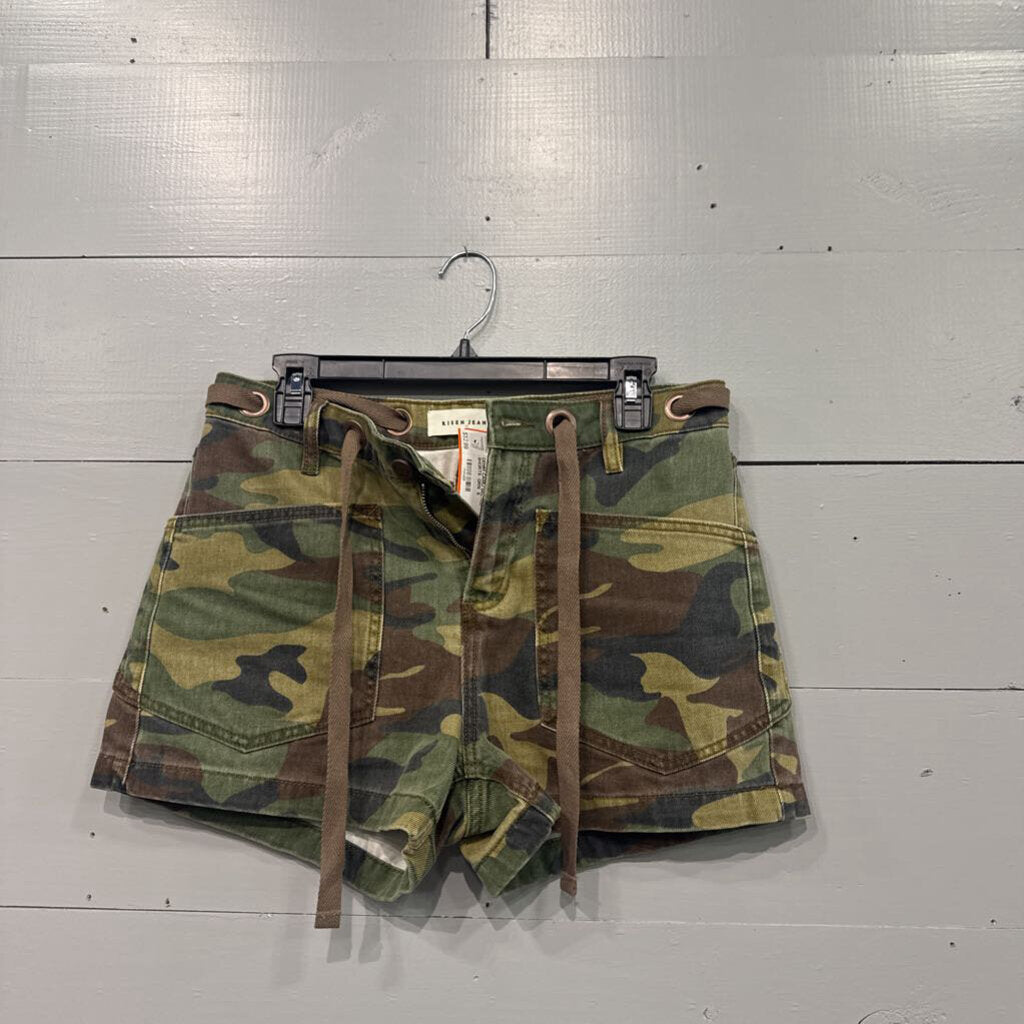RISEN,DENIM CAMO BELTED SHORTS ,GRN ,S