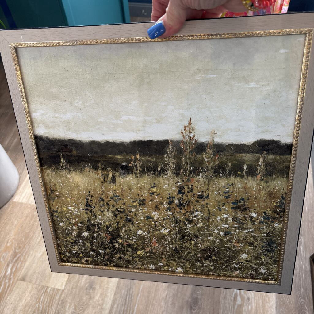 *WATERCOLOR LANDSCAPE W/ FLOWERS,BROWN
