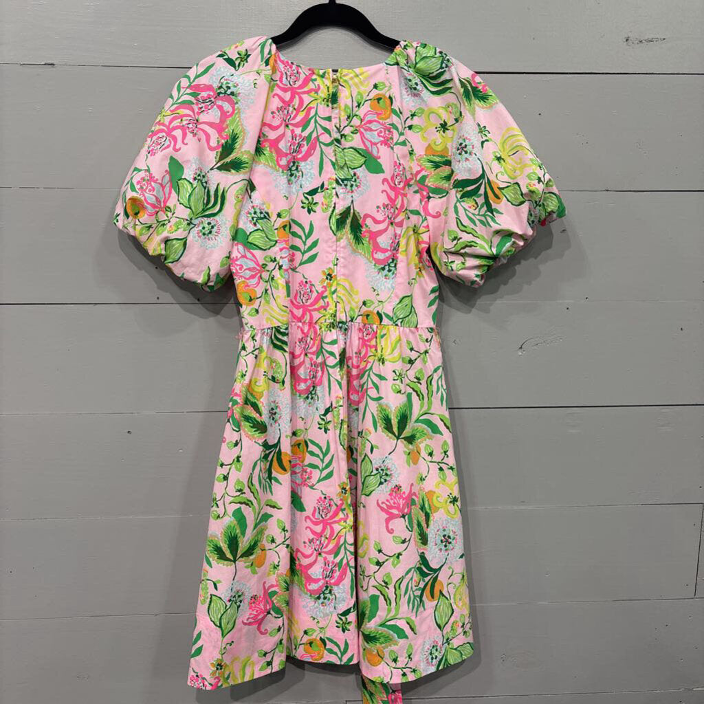 LILLY PULITZER,COTTON FLORAL MIDI DRESS,PINK ,8