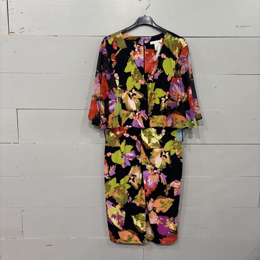 LONDON TIMES,*NWT FLORAL W/ RUFFLE SLEEVE,BLK/GRN,14