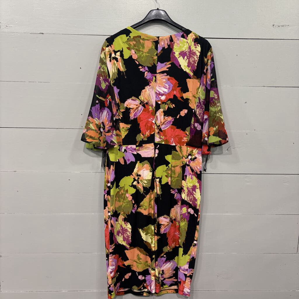 LONDON TIMES,*NWT FLORAL W/ RUFFLE SLEEVE,BLK/GRN,14