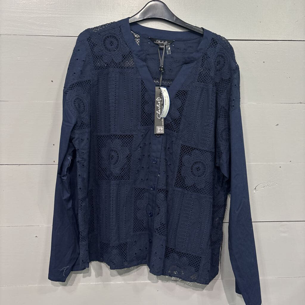 CHARLIE B,*NWT EYELET BLOUSE,NAVY,XXL