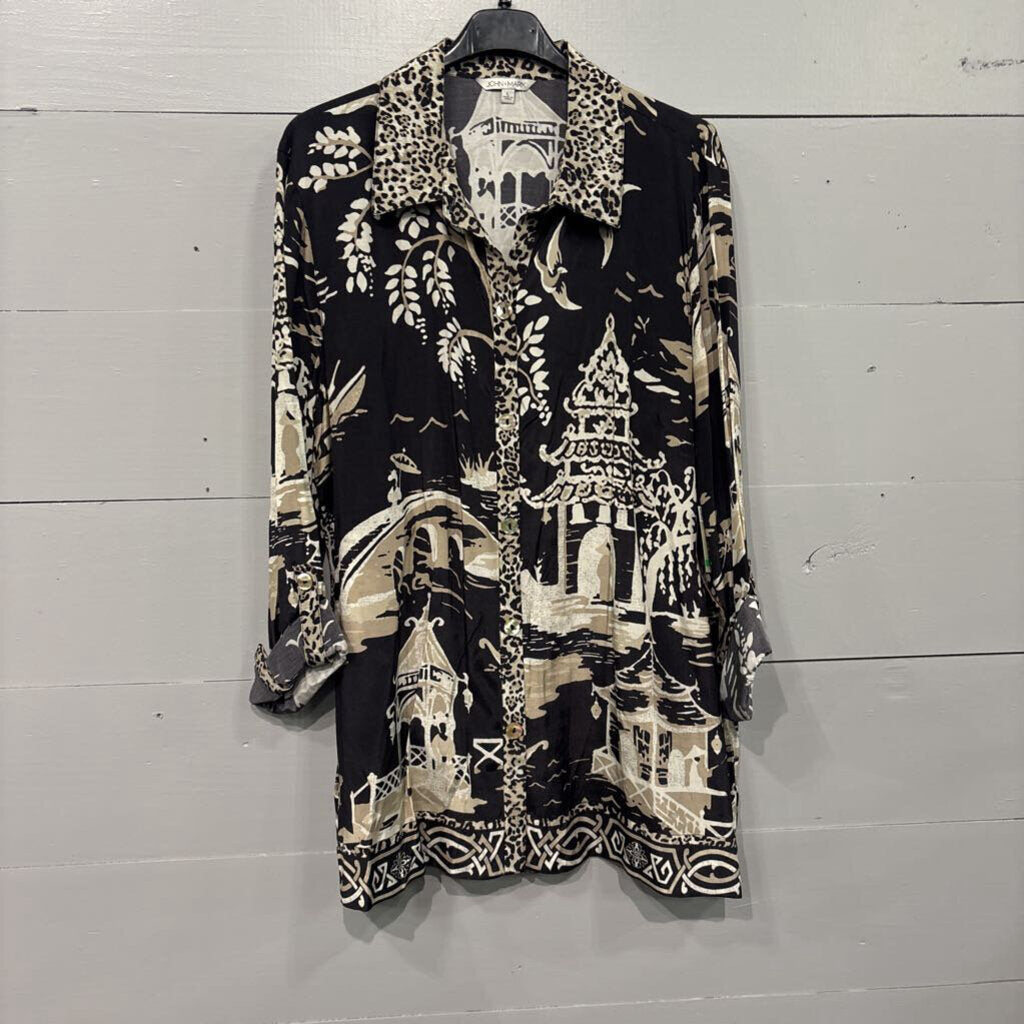 JOHN MARK,*NWT PATTERNED BUTTON UP,BLK /CREAM,L