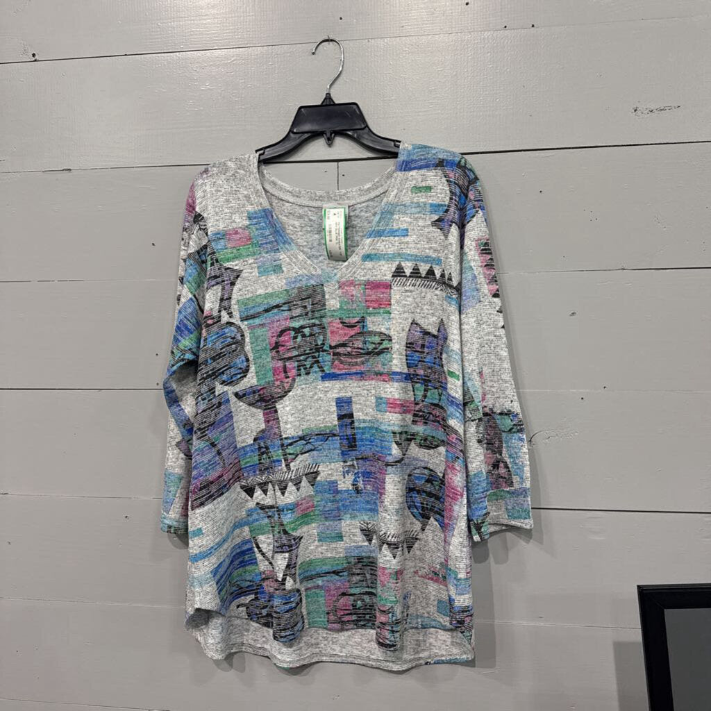 INOAH,PATTERNED SWEATER TOP ,GRY BLUE PINK,XL