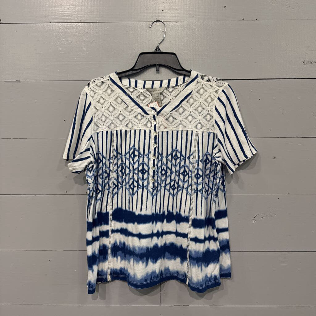 MULTIPLES,*STRIPED LACE TOP,BLUE WHT ,L