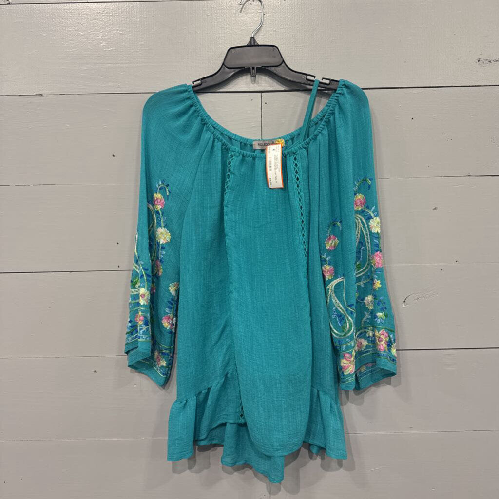 FIGUERCA&FLOWER,*LINEN FLORAL EMBRORDERIED TOP,TEAL,M
