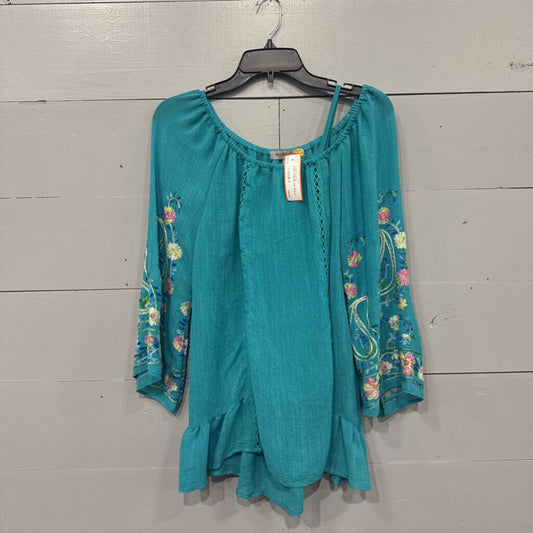 FIGUERCA&FLOWER,*LINEN FLORAL EMBRORDERIED TOP,TEAL,M