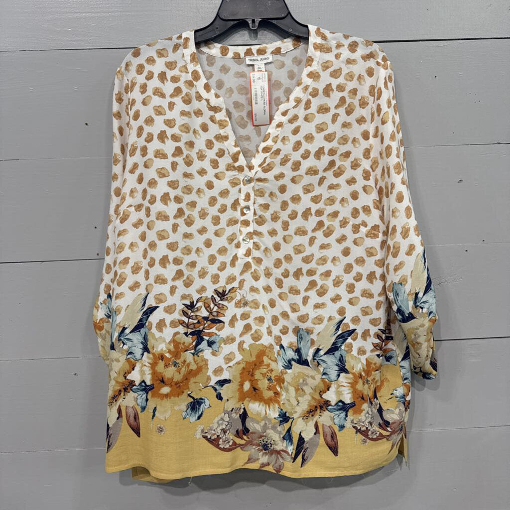 TRIBAL JEANS,*CHEETAH PRINT FLORAL TOP,WHITE,L