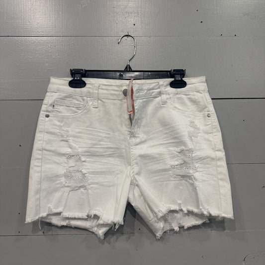 JUDY BLUE,*WHITE RIPPED EYELIT JEAN SHORTS,WHITE,L