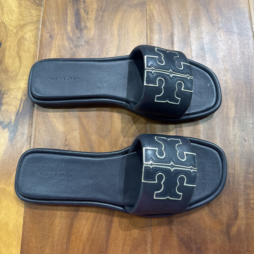 TORY BURCH,TB DOUBLE T SPORT SLIDE ,NAVY SILVER,9